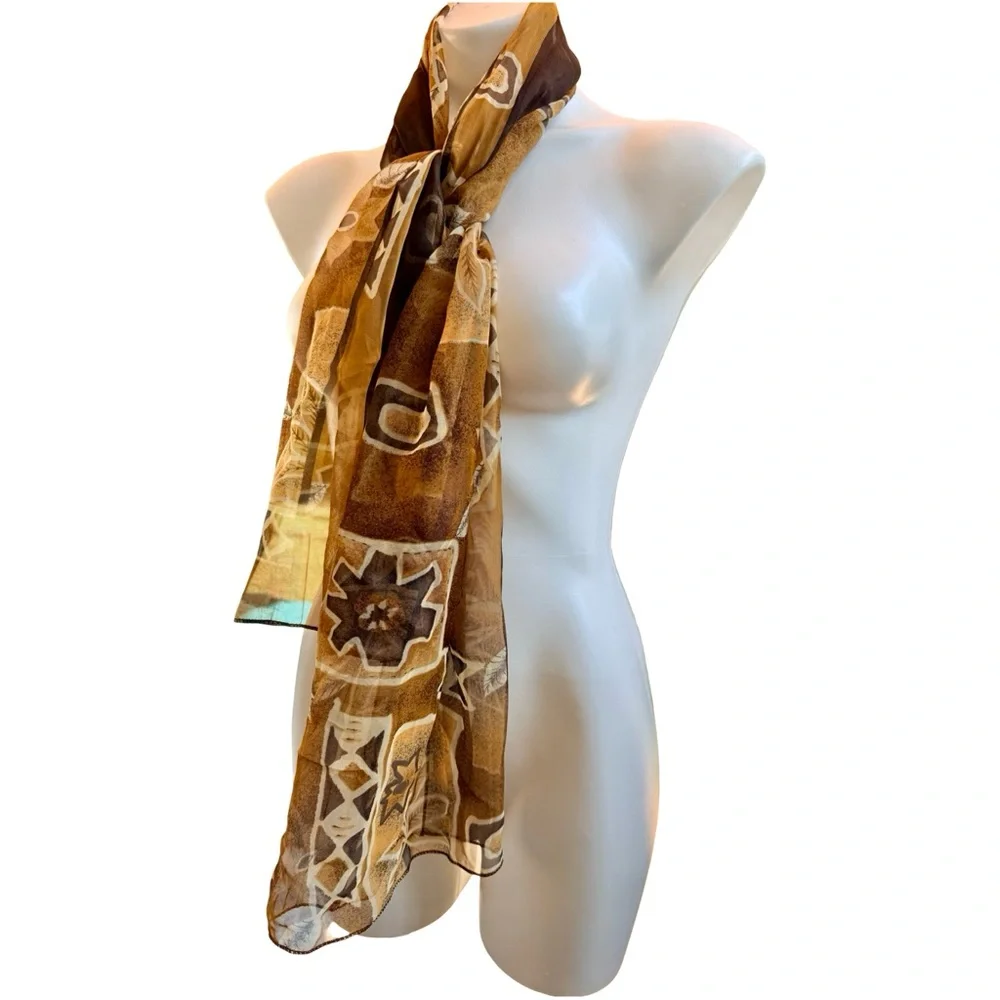Vintage City Silk Company Chiffon Brown Tan Geometric Scarf 18x60